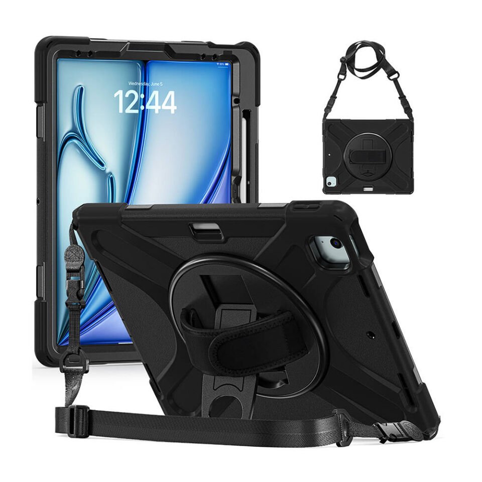Apple iPad Air 13 2024 Kılıf Askılı Standlı Tank Koruyucu Dönen Kapak (DEFENDER) Siyah
