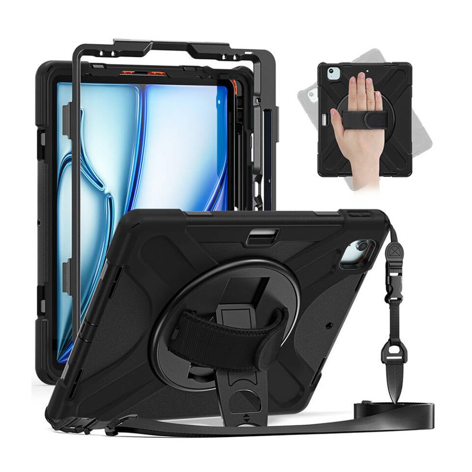 Apple iPad Air 13 2024 Kılıf Askılı Standlı Tank Koruyucu Dönen Kapak (DEFENDER) Siyah