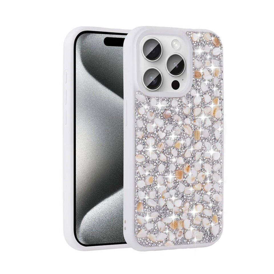 Apple iPhone 15 Pro Max Kılıf Kamera Çıkıntılı Parlak Taşlı Tasarım Renkli Koruyucu Kapak (Linea) Beyaz