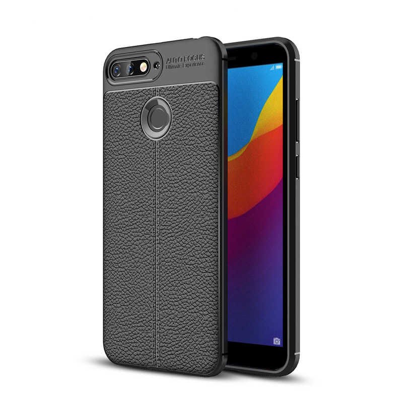Huawei Y7 2018 Kılıf Deri Görünümlü Renk Atmayan Dayanaklı Silikon Kapak (NİSS) Siyah