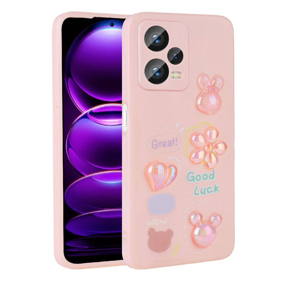 Xiaomi Redmi Note 12 4G Kılıf Kamera Korumalı Kabartma Figürlü Silikon Kapak (Toys) Pembe