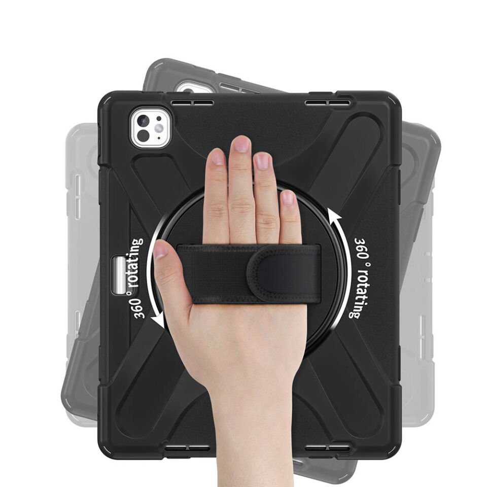 Apple iPad Pro 13 2024 Kılıf Askılı Standlı Tank Koruyucu Dönen Kapak (DEFENDER) Siyah