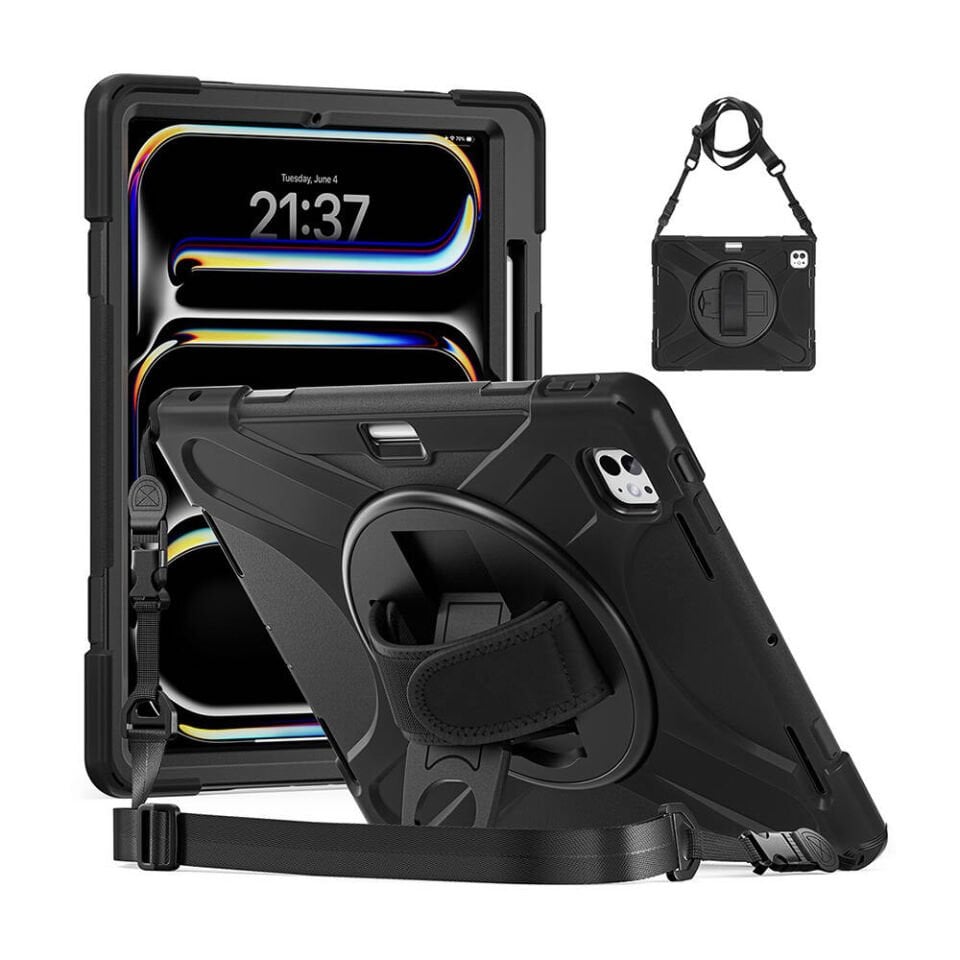 Apple iPad Pro 13 2024 Kılıf Askılı Standlı Tank Koruyucu Dönen Kapak (DEFENDER) Siyah