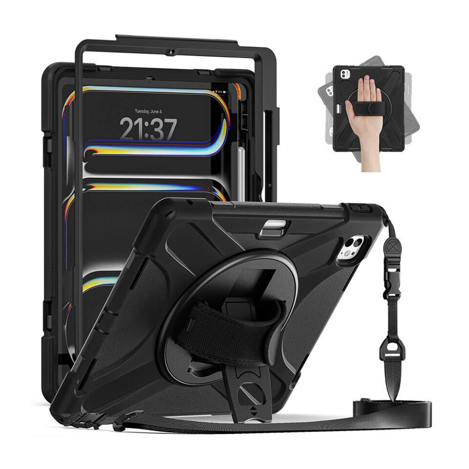 Apple iPad Pro 13 2024 Kılıf Askılı Standlı Tank Koruyucu Dönen Kapak (DEFENDER) Siyah