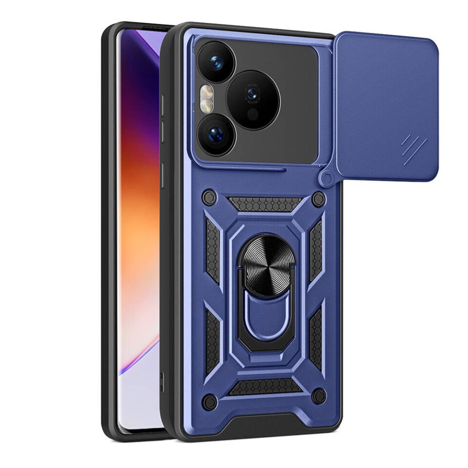 Huawei Pura 70 5G Kılıf Sürgülü Tank Zırh Yüzüklü Mıknatıslı Standlı Kapak (S-VEGA) Mavi