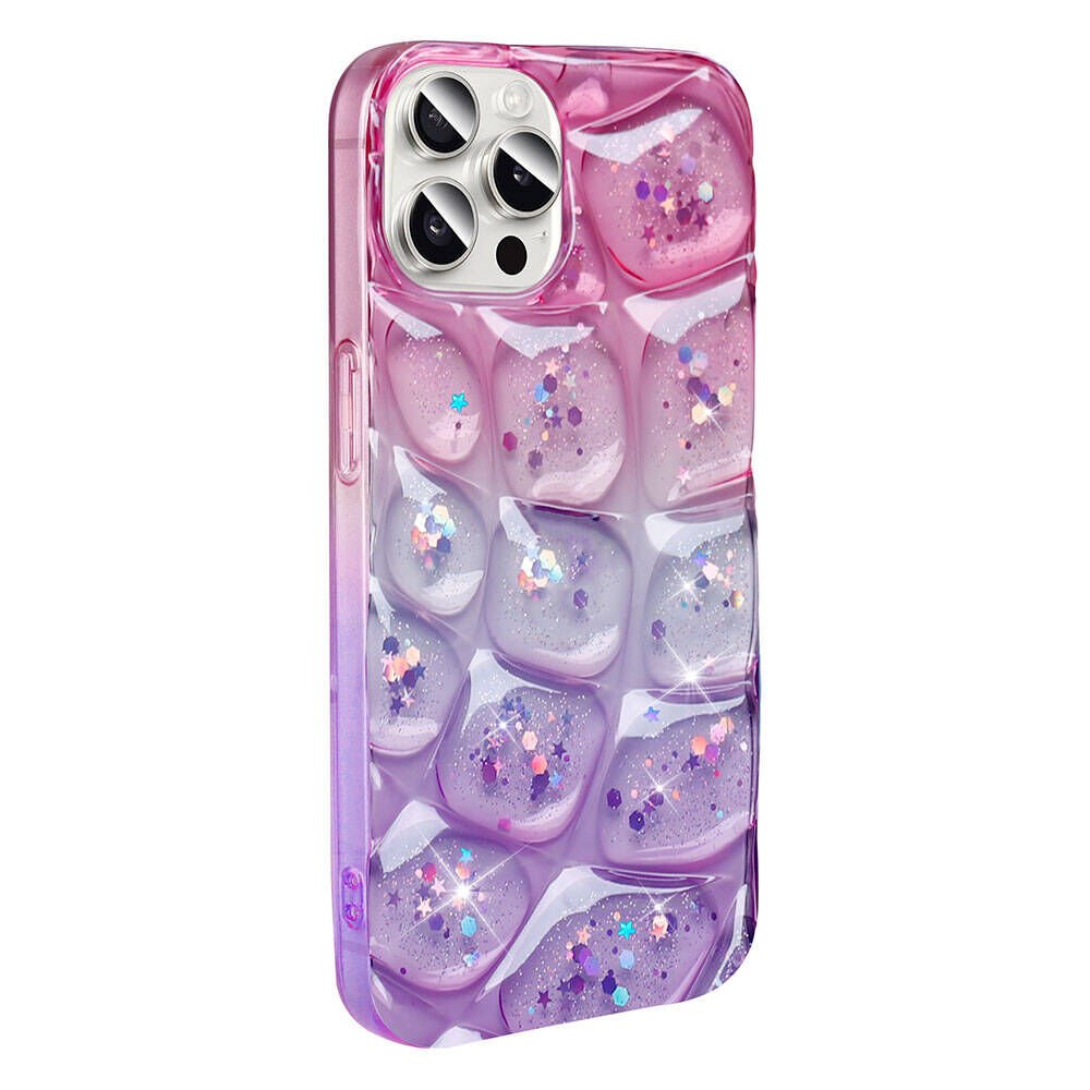 Apple iPhone 15 Pro Max Kılıf Parlak Simli 3D Desenli Kapak (Hacar) Pembe-Mor
