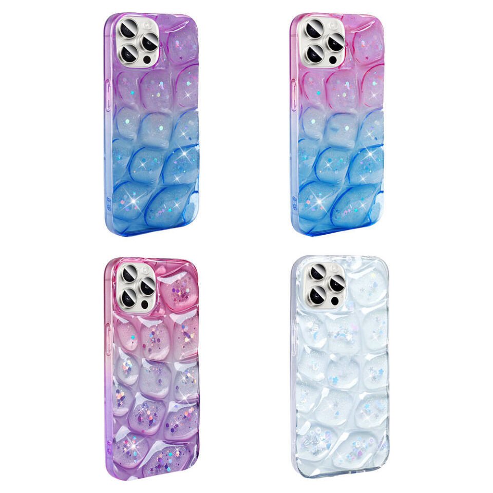 Apple iPhone 15 Pro Max Kılıf Parlak Simli 3D Desenli Kapak (Hacar) Pembe-Mor