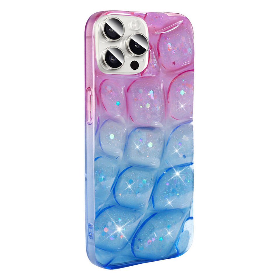 Apple iPhone 15 Pro Max Kılıf Parlak Simli 3D Desenli Kapak (Hacar) Pembe-Mavi