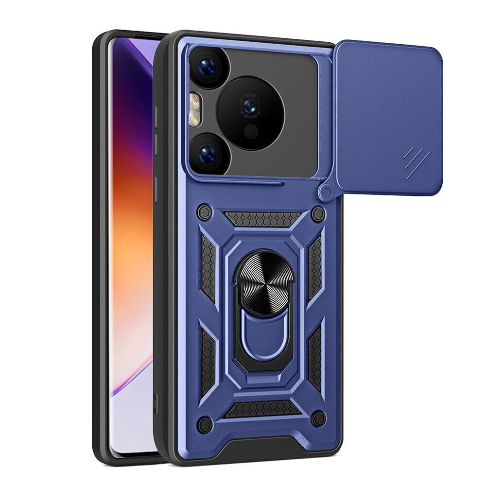 Huawei Pura 70 Pro 5G Kılıf Sürgülü Tank Zırh Yüzüklü Mıknatıslı Standlı Kapak (S-VEGA) Mavi