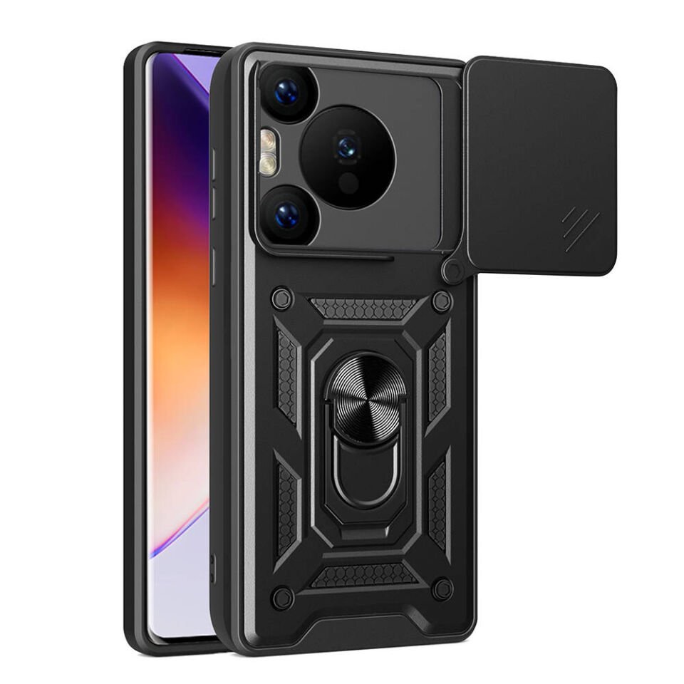 Huawei Pura 70 Pro 5G Kılıf Sürgülü Tank Zırh Yüzüklü Mıknatıslı Standlı Kapak (S-VEGA) Mavi