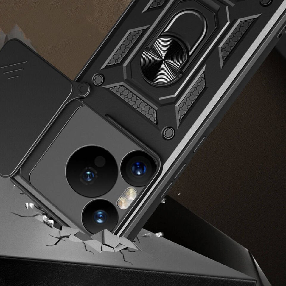 Huawei Pura 70 Pro 5G Kılıf Sürgülü Tank Zırh Yüzüklü Mıknatıslı Standlı Kapak (S-VEGA) Mavi