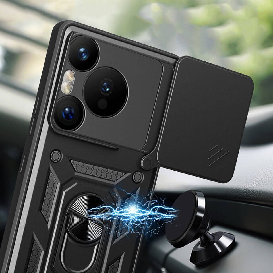 Huawei Pura 70 Pro 5G Kılıf Sürgülü Tank Zırh Yüzüklü Mıknatıslı Standlı Kapak (S-VEGA) Mavi
