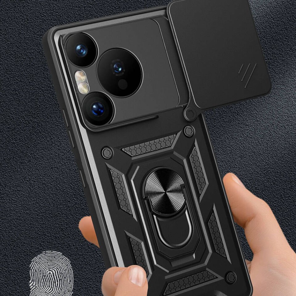 Huawei Pura 70 Pro 5G Kılıf Sürgülü Tank Zırh Yüzüklü Mıknatıslı Standlı Kapak (S-VEGA) Mavi
