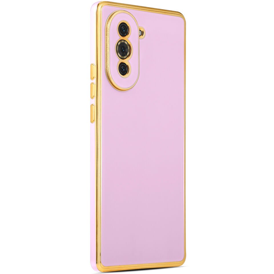 Huawei Nova 10 Pro Kılıf Parlak Kenarlı Altın Işlemeli Kamera Korumalı Kapak (BARK) Beyaz