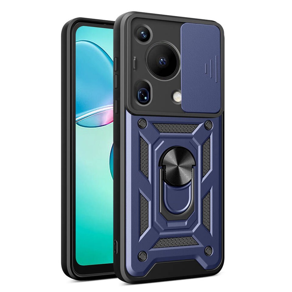 Huawei Pura 70 Ultra Kılıf Sürgülü Tank Zırh Yüzüklü Mıknatıslı Standlı Kapak (S-VEGA) Mavi
