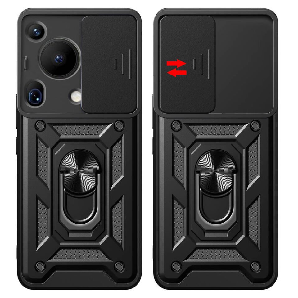 Huawei Pura 70 Ultra Kılıf Sürgülü Tank Zırh Yüzüklü Mıknatıslı Standlı Kapak (S-VEGA) Mavi