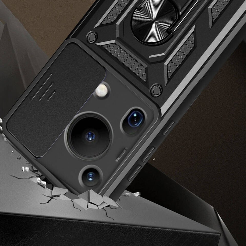 Huawei Pura 70 Ultra Kılıf Sürgülü Tank Zırh Yüzüklü Mıknatıslı Standlı Kapak (S-VEGA) Mavi