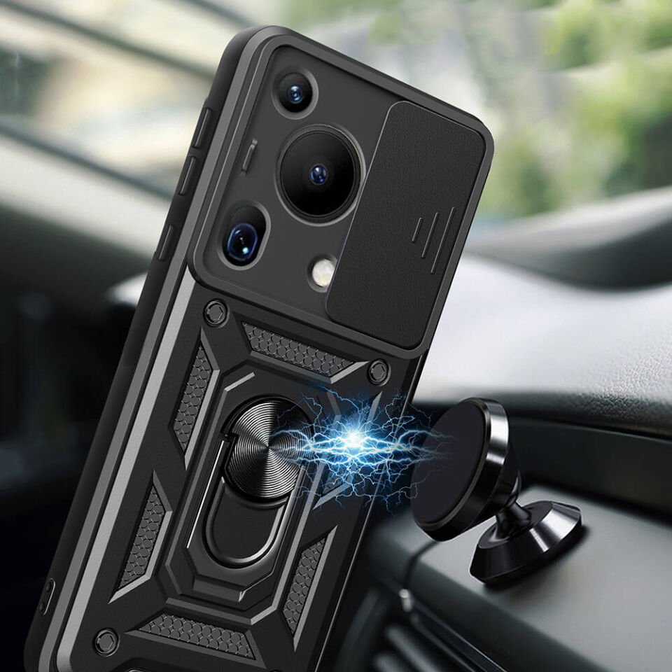 Huawei Pura 70 Ultra Kılıf Sürgülü Tank Zırh Yüzüklü Mıknatıslı Standlı Kapak (S-VEGA) Mavi