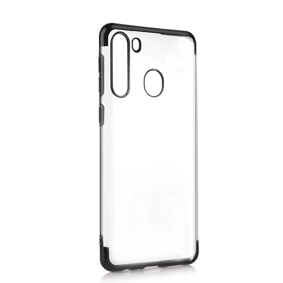 Samsung Galaxy A21 Kılıf Dört Köşe Renkli Lazer Şeffaf Silikon Kapak (GLİTTER) Siyah