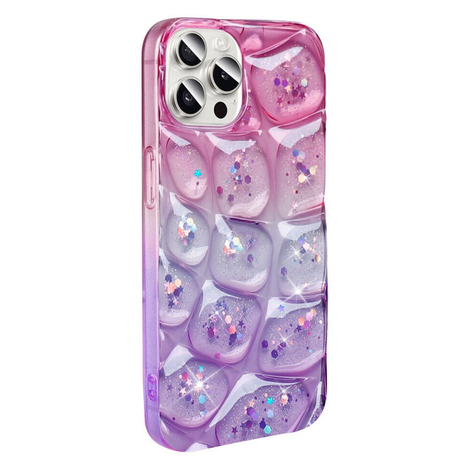 Apple iPhone 15 Pro Kılıf Parlak Simli 3D Desenli Kapak (Hacar) Pembe-Mor
