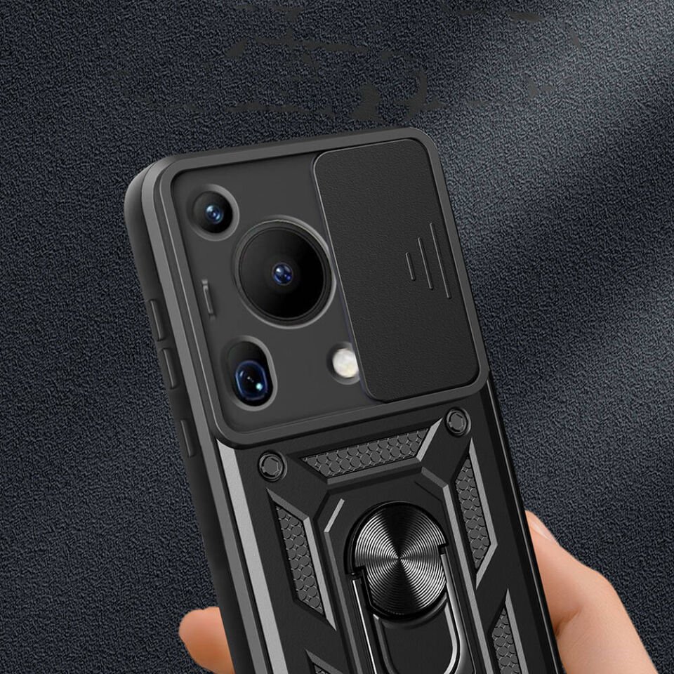 Huawei Pura 70 Ultra Kılıf Sürgülü Tank Zırh Yüzüklü Mıknatıslı Standlı Kapak (S-VEGA) Siyah