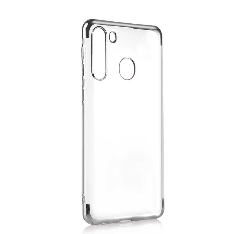 Samsung Galaxy A21 Kılıf Dört Köşe Renkli Lazer Şeffaf Silikon Kapak (GLİTTER) Gri