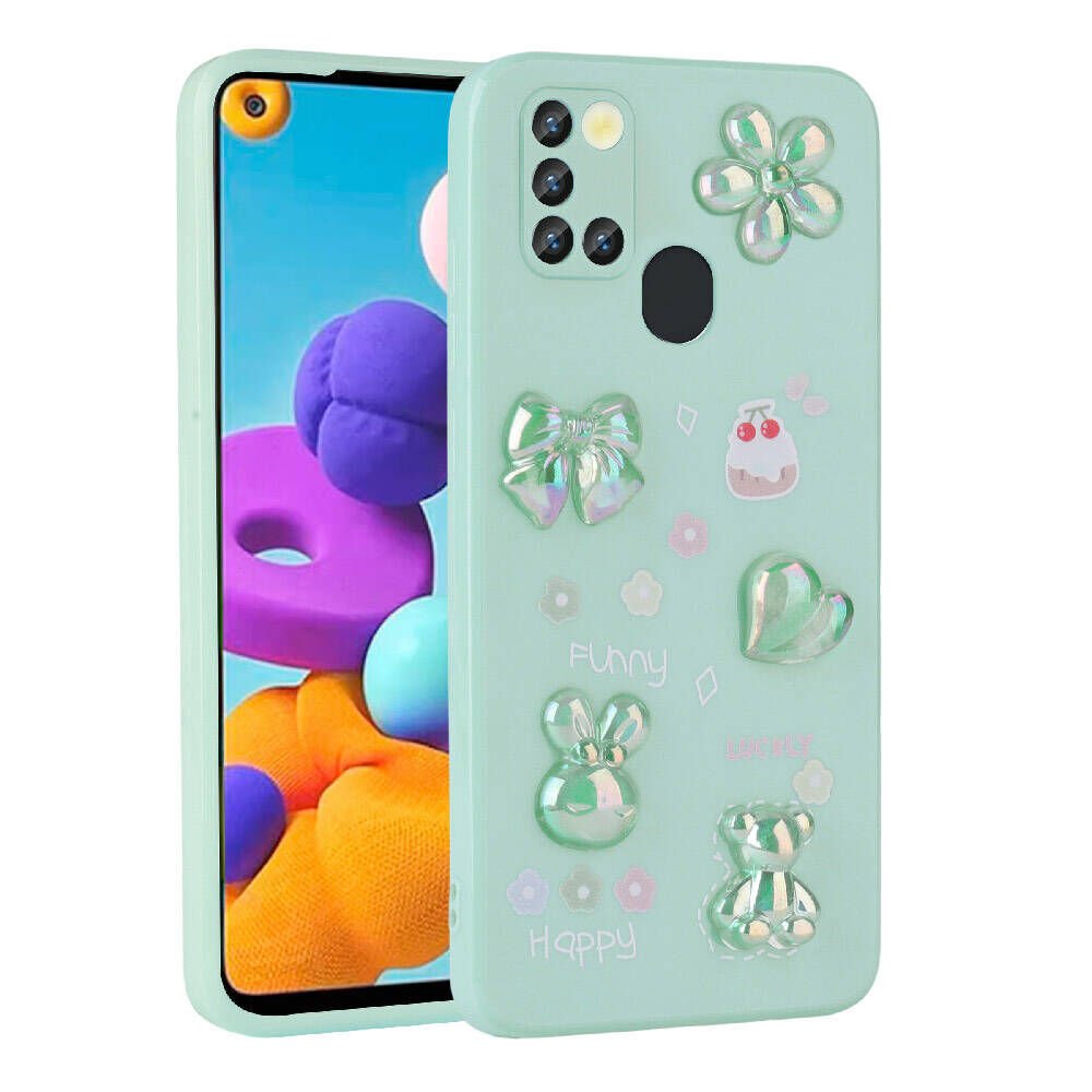 Samsung Galaxy A21S Kılıf Kamera Korumalı Kabartma Figürlü Parlak Silikon Kapak (Toys) Açık Yeşil