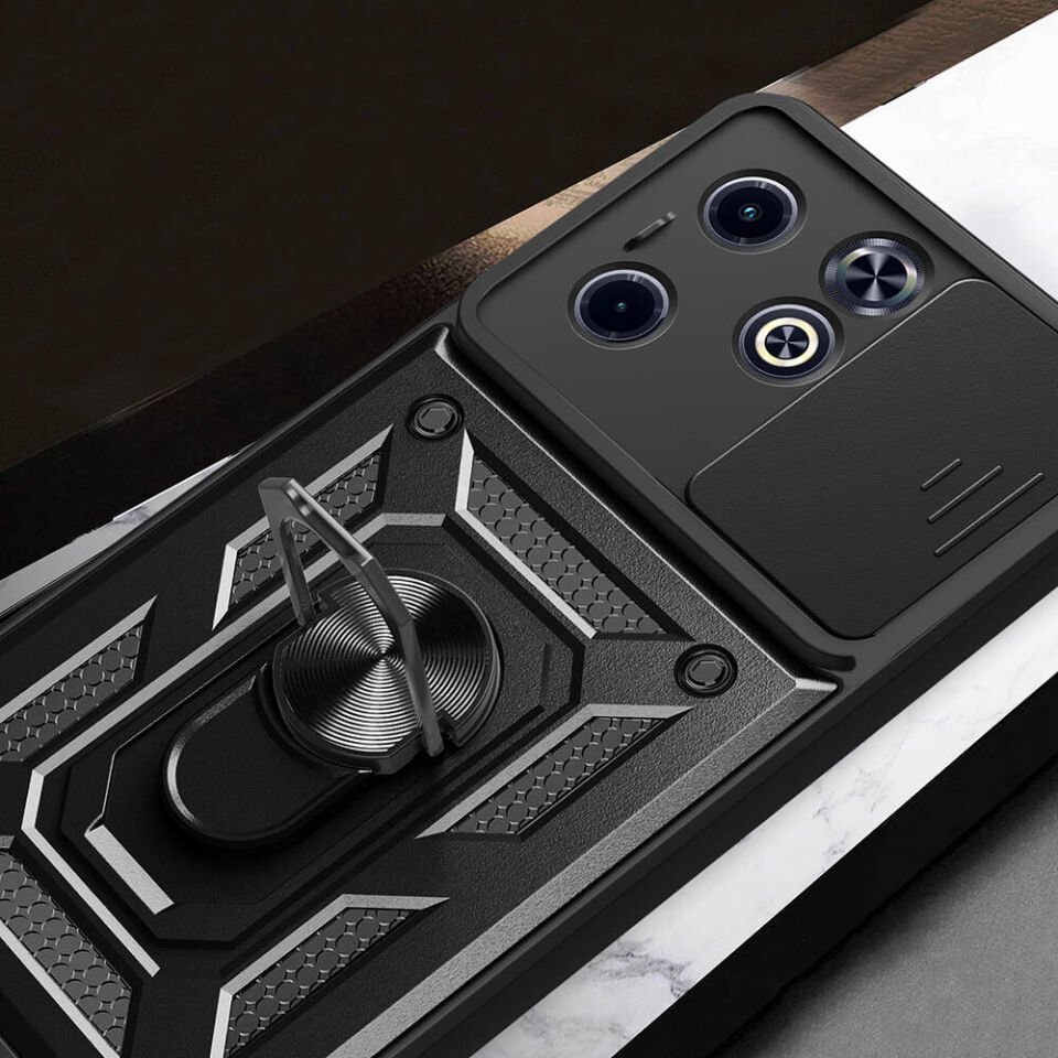İnfinix Smart 8 Kılıf Sürgülü Tank Zırh Yüzüklü Mıknatıslı Standlı Kapak (S-VEGA) Siyah
