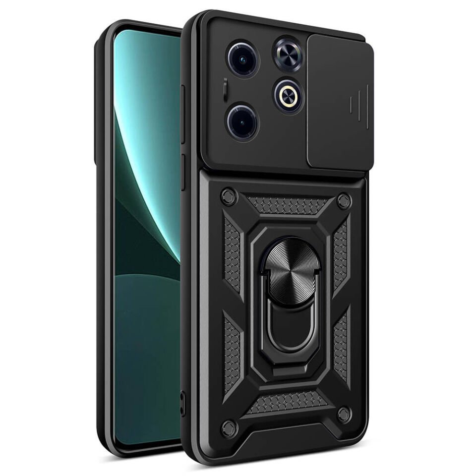 İnfinix Smart 8 Kılıf Sürgülü Tank Zırh Yüzüklü Mıknatıslı Standlı Kapak (S-VEGA) Siyah