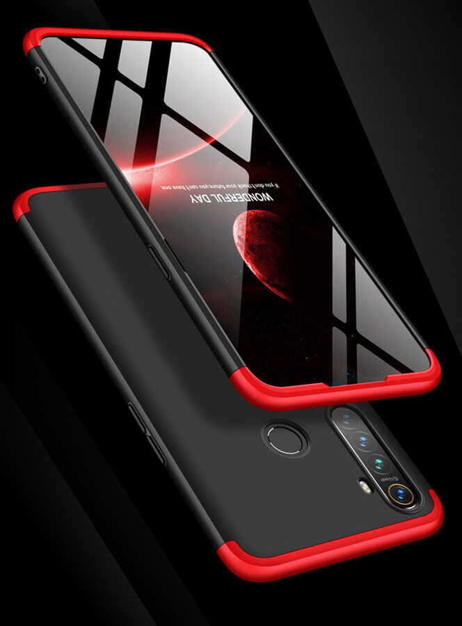Realme 5 Kılıf 360 Tam Koruma Ön Ve Arka Sert Mika Kapak Orjinal Ays Gkk Kapak Siyah-Kırmızı