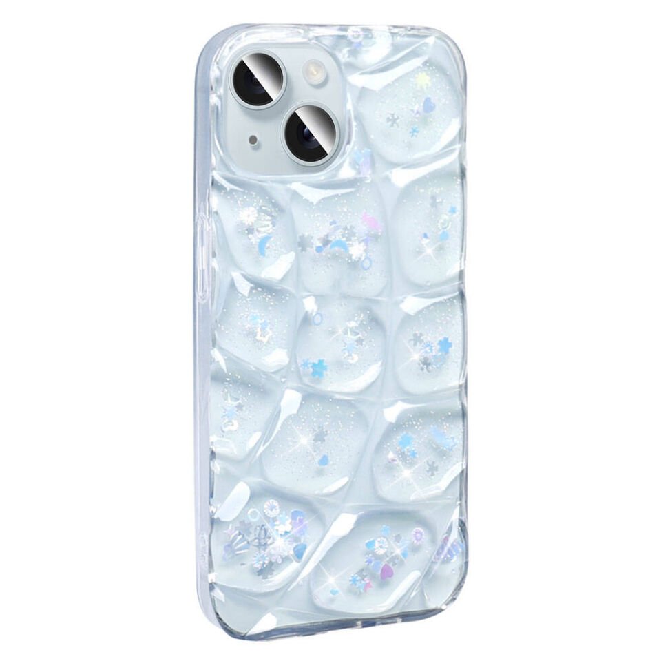 Apple iPhone 15 Kılıf Parlak Simli 3D Desenli Kapak (Hacar) Beyaz