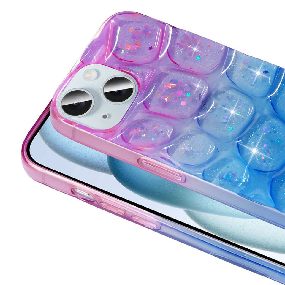 Apple iPhone 15 Kılıf Parlak Simli 3D Desenli Kapak (Hacar) Beyaz