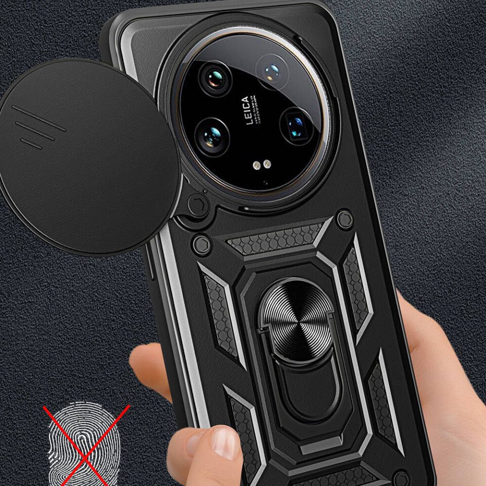Xiaomi Mi 14 Ultra Kılıf Sürgülü Tank Zırh Yüzüklü Mıknatıslı Standlı Kapak (S-VEGA) Mavi