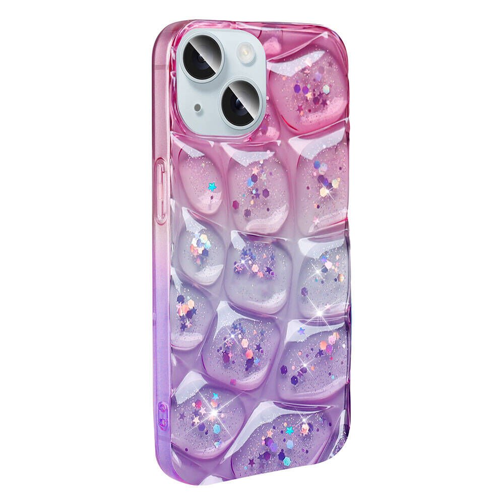 Apple iPhone 15 Kılıf Parlak Simli 3D Desenli Kapak (Hacar) Pembe-Mor