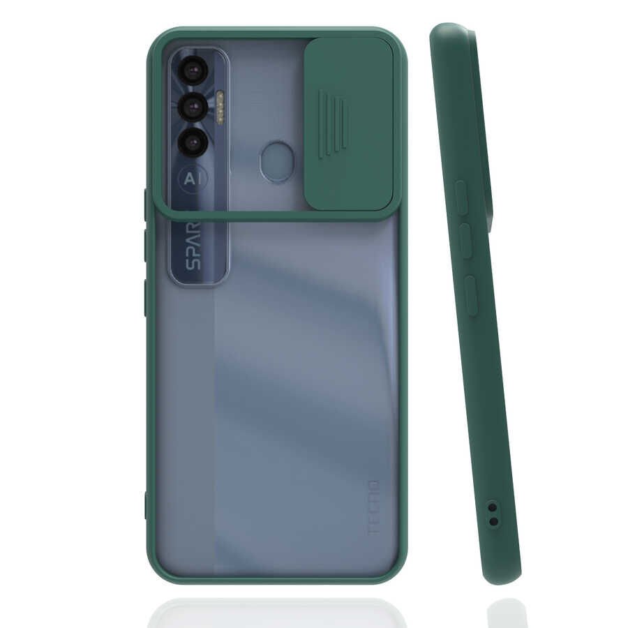 Tecno Spark 7 Pro Kılıf Slayt Sürgülü Kamera Korumalı Renkli Silikon Kapak Koyu Yeşil