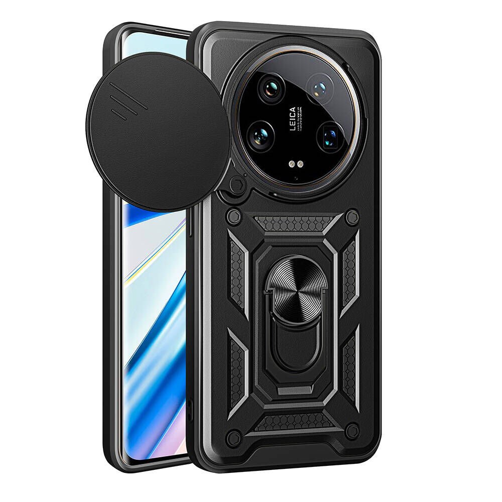 Xiaomi Mi 14 Ultra Kılıf Sürgülü Tank Zırh Yüzüklü Mıknatıslı Standlı Kapak (S-VEGA) Siyah