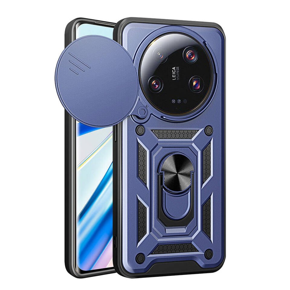 Xiaomi Mi 13 Ultra Kılıf Sürgülü Tank Zırh Yüzüklü Mıknatıslı Standlı Kapak (S-VEGA) Mavi