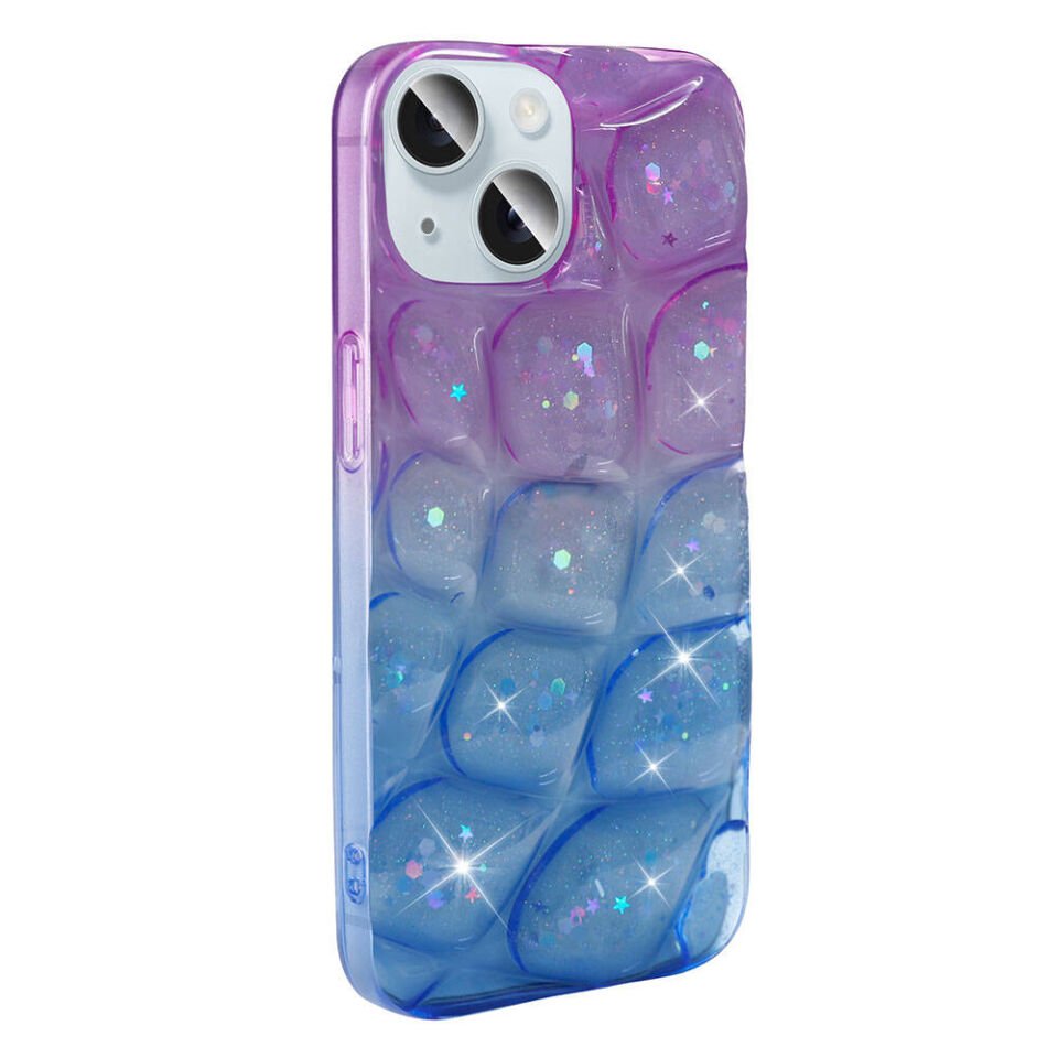 Apple iPhone 15 Kılıf Parlak Simli 3D Desenli Kapak (Hacar) Mor-Mavi