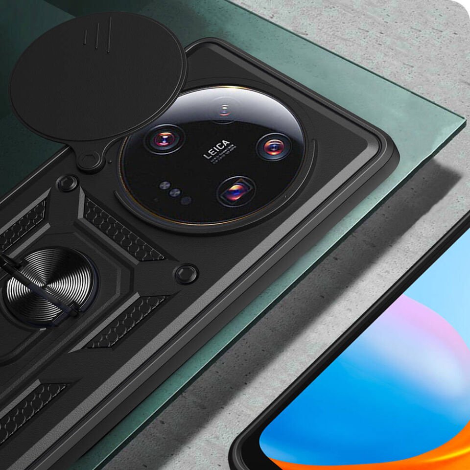 Xiaomi Mi 13 Ultra Kılıf Sürgülü Tank Zırh Yüzüklü Mıknatıslı Standlı Kapak (S-VEGA) Siyah