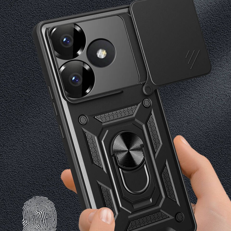Xiaomi Poco F6 Kılıf Sürgülü Tank Zırh Yüzüklü Mıknatıslı Standlı Kapak (S-VEGA) Mavi