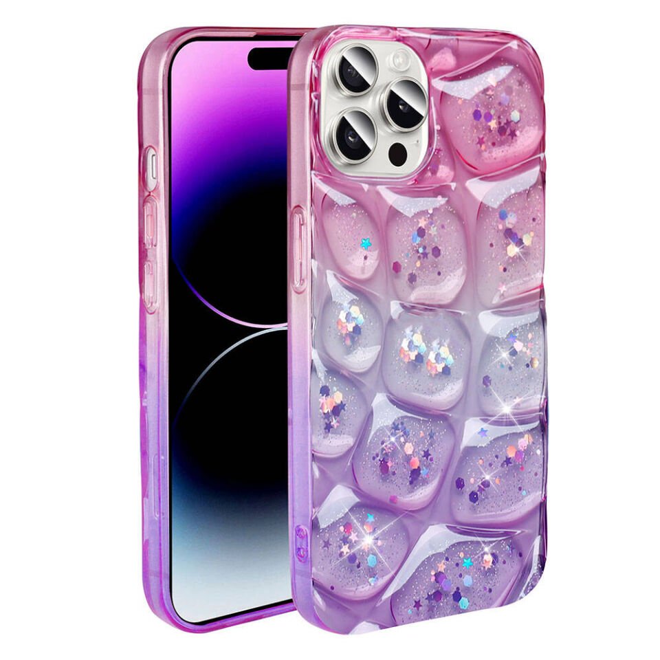 Apple iPhone 14 Pro Max Kılıf Parlak Simli 3D Desenli Kapak (Hacar) Pembe-Mor