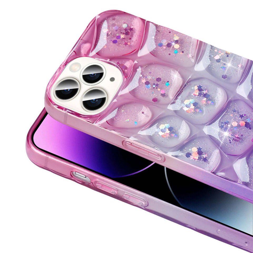 Apple iPhone 14 Pro Max Kılıf Parlak Simli 3D Desenli Kapak (Hacar) Pembe-Mor