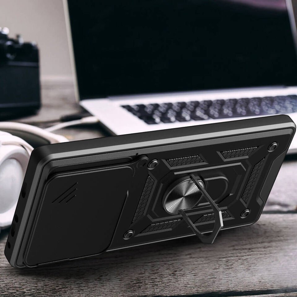Xiaomi Poco F6 Kılıf Sürgülü Tank Zırh Yüzüklü Mıknatıslı Standlı Kapak (S-VEGA) Siyah
