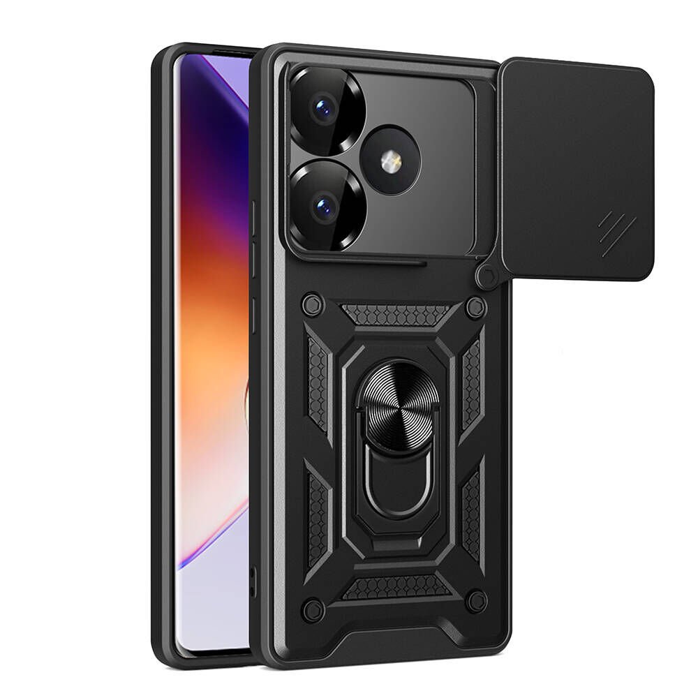 Xiaomi Poco F6 Kılıf Sürgülü Tank Zırh Yüzüklü Mıknatıslı Standlı Kapak (S-VEGA) Siyah