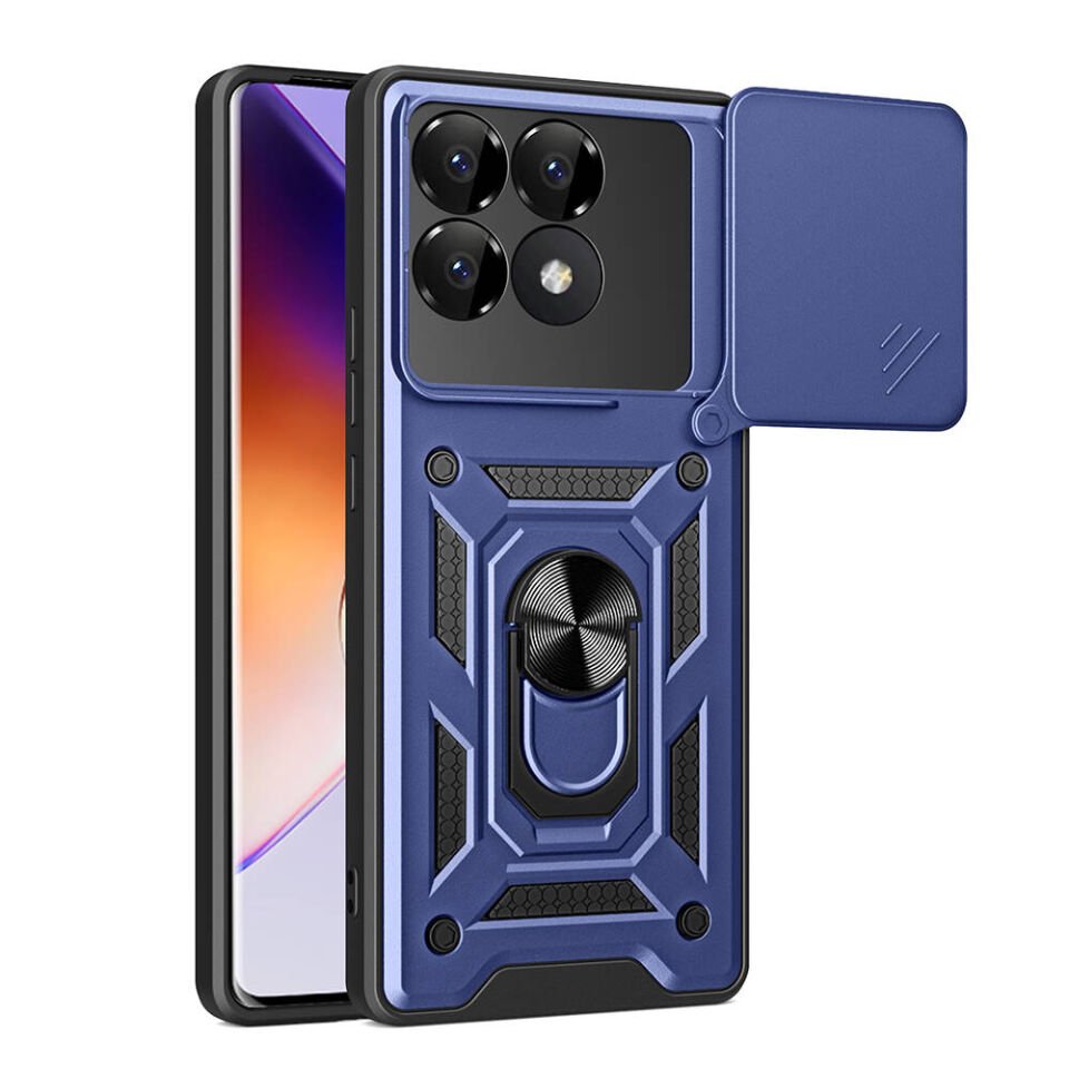 Xiaomi Poco F6 Pro Kılıf Sürgülü Tank Zırh Yüzüklü Mıknatıslı Standlı Kapak (S-VEGA) Mavi