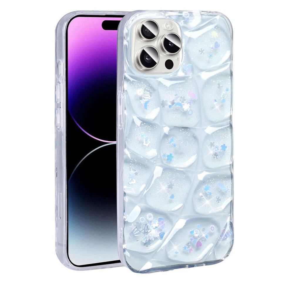 Apple iPhone 14 Pro Max Kılıf Parlak Simli 3D Desenli Kapak (Hacar) Mor-Mavi