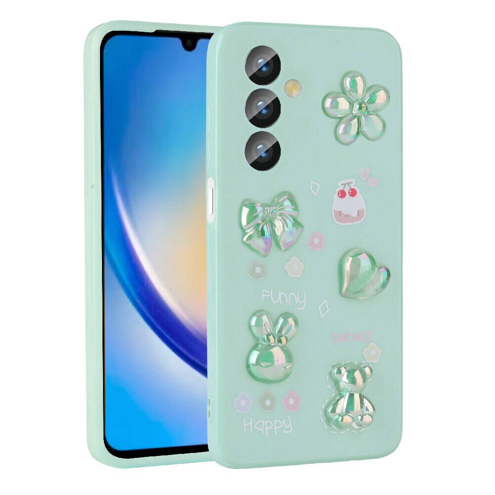 Samsung Galaxy A34 Kılıf Kamera Korumalı Kabartma Figürlü Parlak Silikon Kapak (Toys) Açık Yeşil