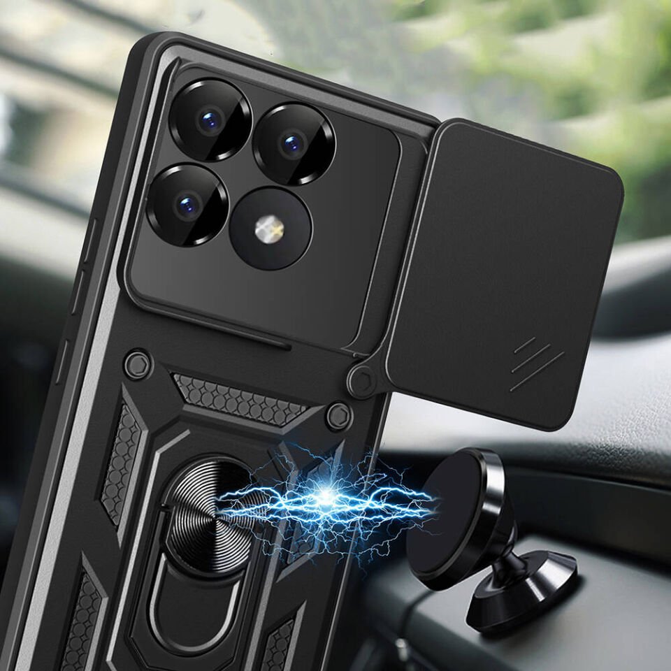 Xiaomi Poco F6 Pro Kılıf Sürgülü Tank Zırh Yüzüklü Mıknatıslı Standlı Kapak (S-VEGA) Siyah