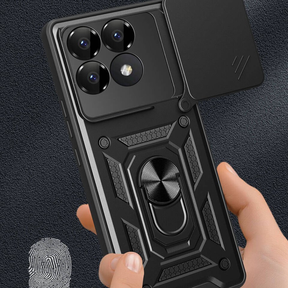 Xiaomi Poco F6 Pro Kılıf Sürgülü Tank Zırh Yüzüklü Mıknatıslı Standlı Kapak (S-VEGA) Siyah