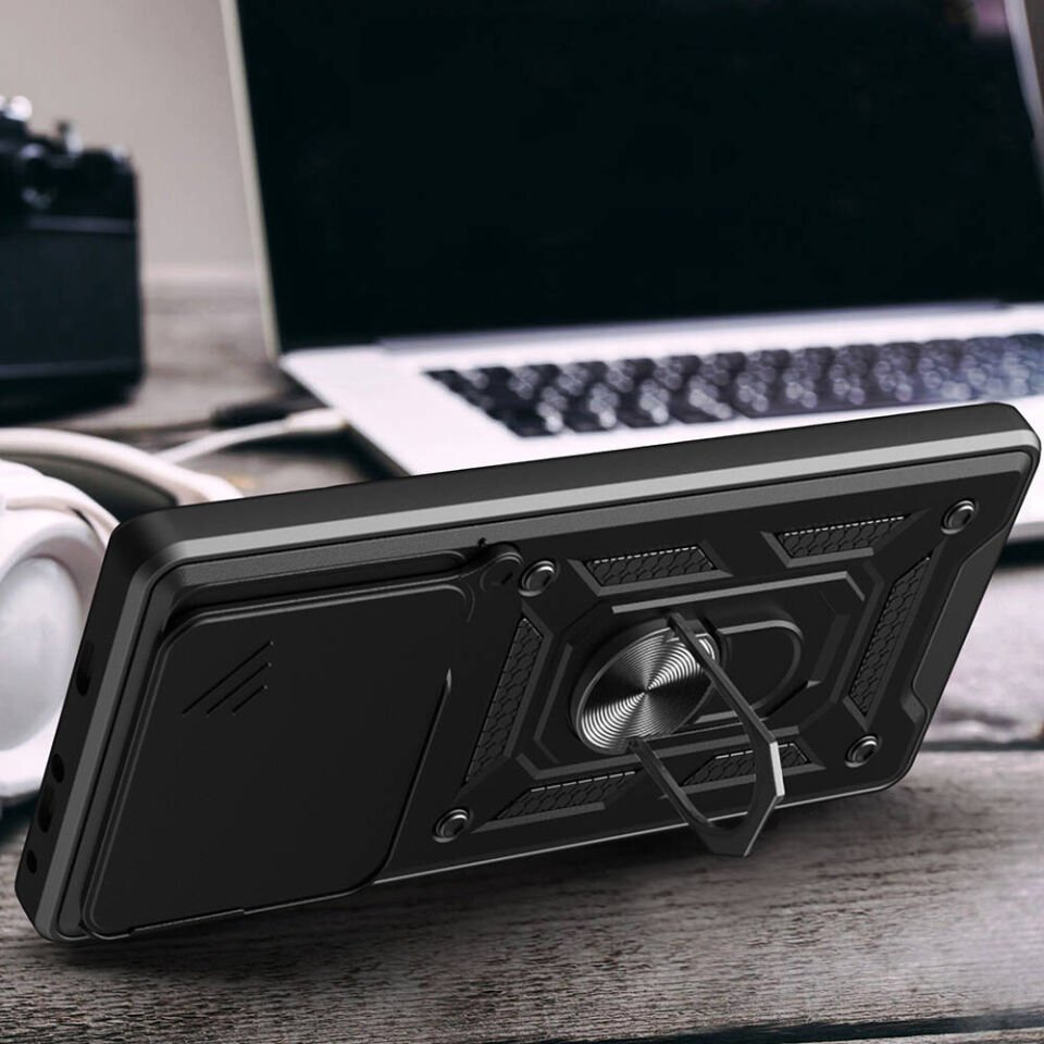 Xiaomi Poco F6 Pro Kılıf Sürgülü Tank Zırh Yüzüklü Mıknatıslı Standlı Kapak (S-VEGA) Siyah